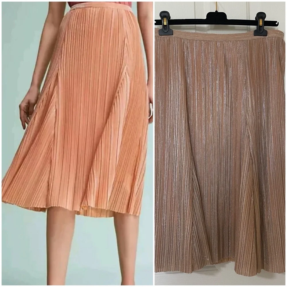 Anthropologie Maeve Pleated Metallic champagne peach midi skirt Small Anthro - Picture 1 of 11